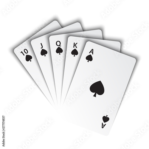 A royal flush of spades on white background, winning hands of poker cards, casino playing cards, vector poker symbols