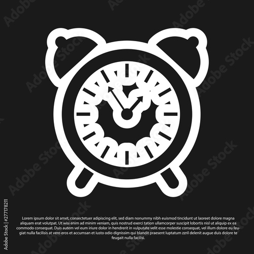 Black Alarm clock icon isolated on black background. Wake up, get up concept. Time sign. Vector Illustration