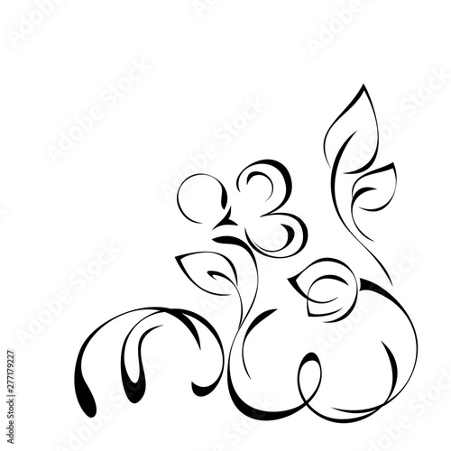 decorative floral ornament with stylized flowers, leaves and curls in black lines. Corner decoration