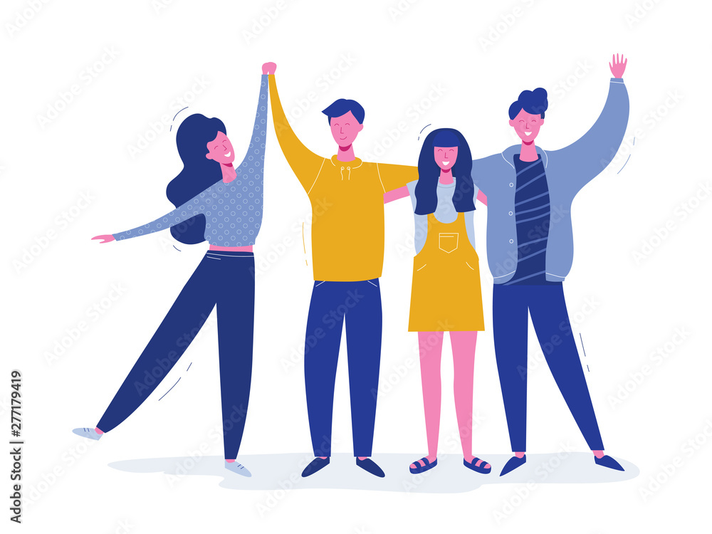 Group of smiling teenage boys and girls, school friends, happy students  standing together, waving hands. Friendship day greeting card with hugging  people character. Flat cartoon vector illustration. Stock Vector | Adobe  Stock