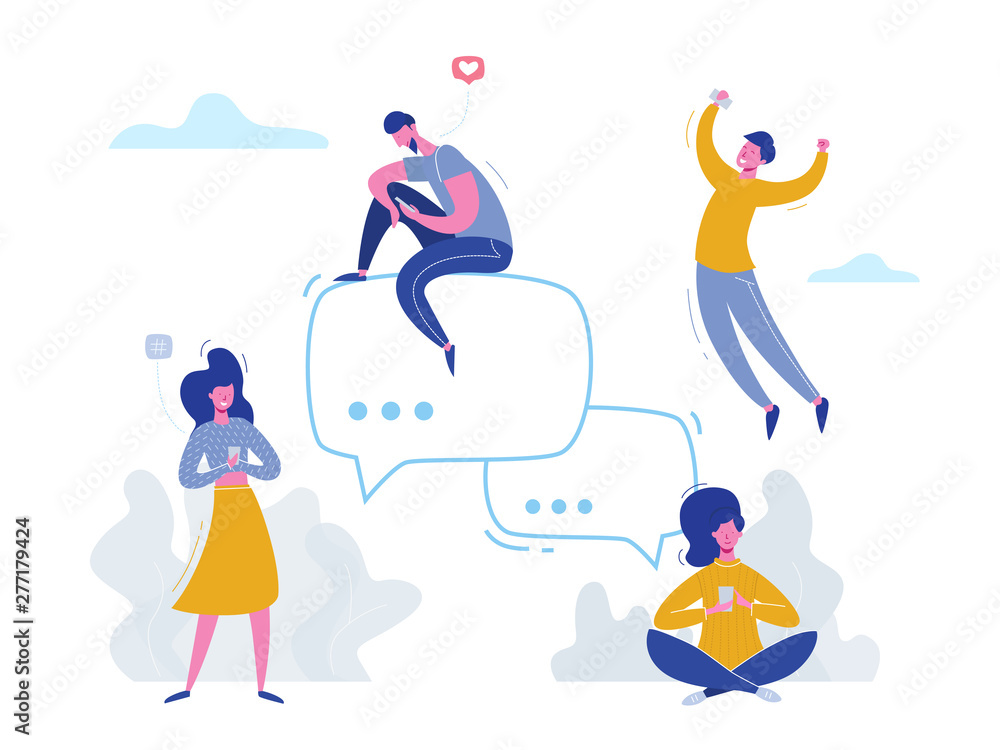Vector concept people characters chatting with phones on social media, networking, community group. Illustration design for web banner, marketing material, business presentation, online advertising Vector concept people characters chatting with phones on social media, networking, community group. Illustration design for web banner, marketing material, business presentation, online advertising