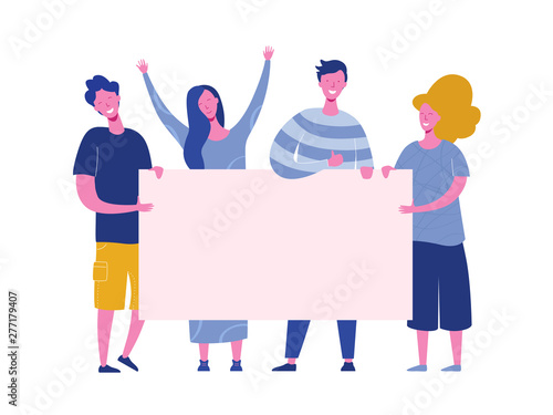 Group of young men and women standing together and holding blank banner. People taking part in parade or protest. Male and female activists. Flat cartoon colorful vector illustration