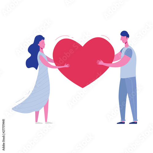 Boyfriend and girlfriend holding heart. Valentines Day Card of lovers, man and woman. Cute young romantic couple in love cuddling. Vector illustration in flat cartoon style
