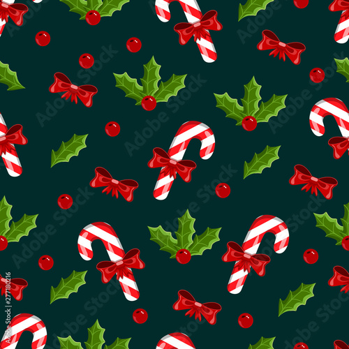 seamless pattern with mistletoe and Christmas candy