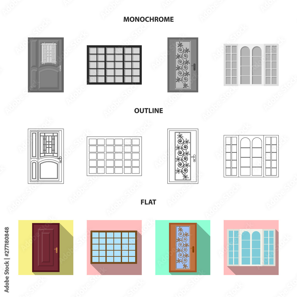 Vector design of door and front logo. Set of door and wooden vector icon for stock.