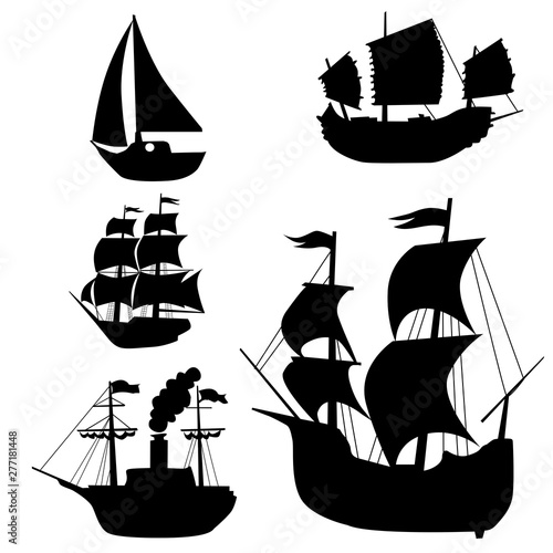 set of silhouettes of classical sailing boats