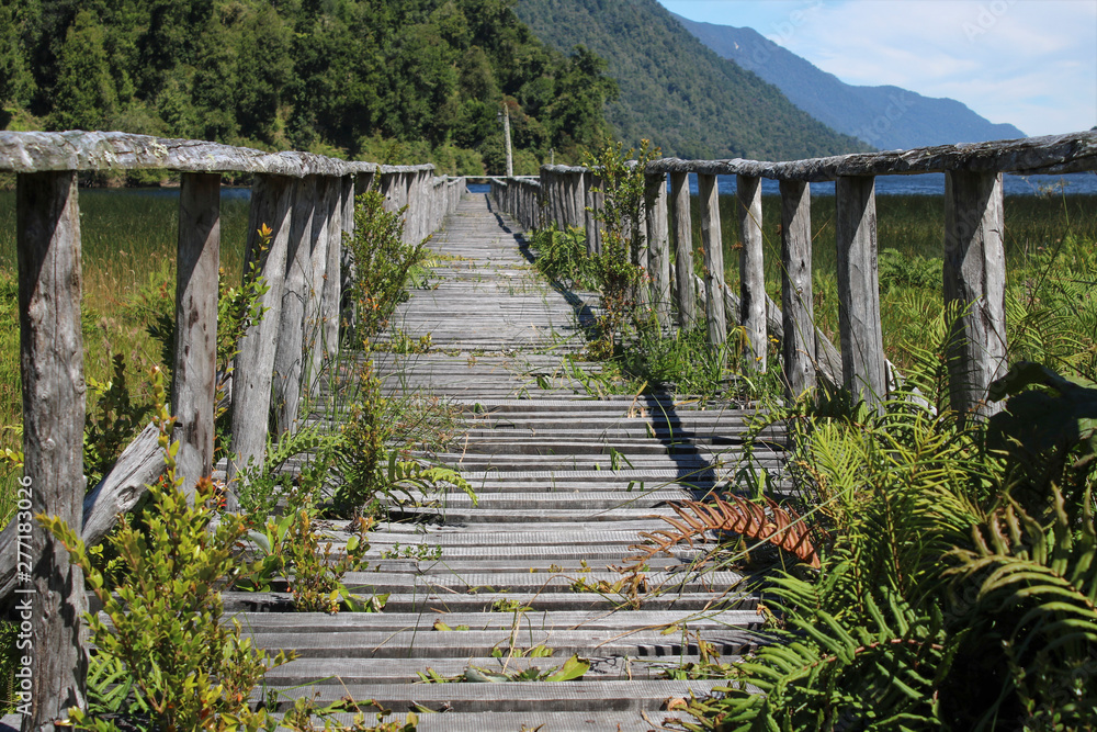 old wooden bridge at Carretera Austral, Porto Puyuhuapi in Patagonia