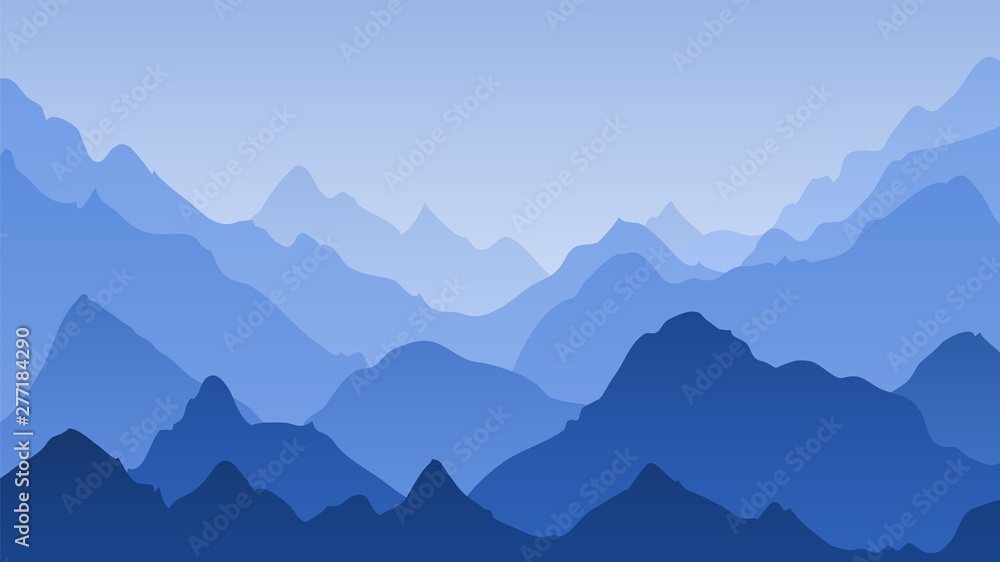 Blue mountain landscape. Mountains misty silhouettes, panoramic hills. Majestic peak ranges horizon, hiking vector background