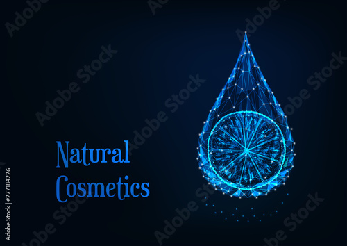 Futuristic glowing low polygonal essential oil drop with lemon slice on dark blue background.