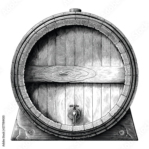 Antique engraving illustration of Oak barrel hand drawing black and white clip art isolated on white background,Alcoholic fermentation barrel photo