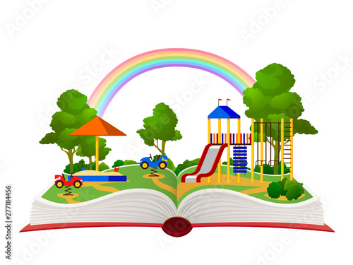 Open book playground. Fantasy garden, learning amusement park green forest library, child books daydream landscape flat vector concept