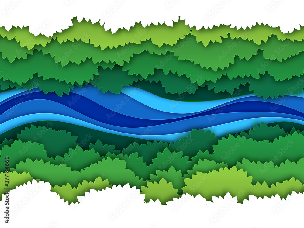 binde Forbindelse smække Paper river. Top view water stream surrounded by jungle forest trees  baldachin. Creative origami natural aerial vector landscape Stock Vector |  Adobe Stock
