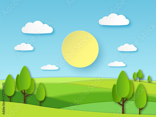 Paper summer landscape. Panoramic green field with trees and blue sky with white clouds. Layered papercut ecology vector 3d concept