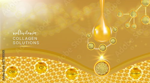 Hyaluronic acid plus multivitamins and minerals skin solutions ad, gold collagen serum drop with cosmetic advertising background ready to use, illustration vector.