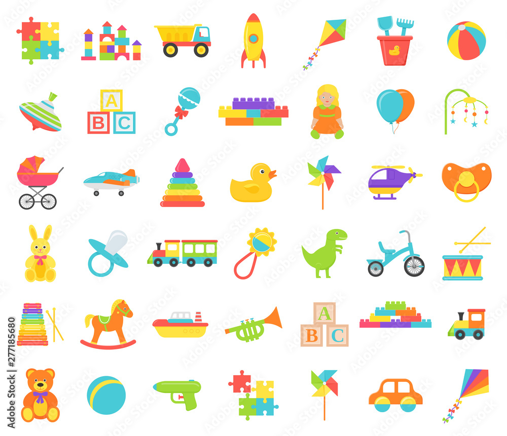 Baby toy isolated. Vector. Set kids toys. Baby shower stuff in flat design on white background. Colorful cartoon illustration. Cute collection children icons.