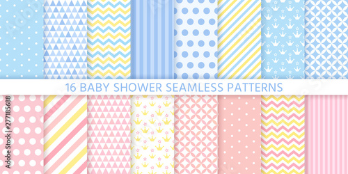 Baby shower pattern. Baby boy girl seamless texture. Vector. Blue pink childish textile print. Cute pastel backgrounds for invitation, invite template, card, birth party, scrapbook. Flat illustration.