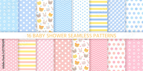 Baby pattern. Baby shower boy girl seamless background. Vector. Blue pink childish textile print. Cute pastel texture for invitation, invite template, card, birth party, scrapbook. Flat illustration.