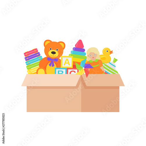 Baby toys in box. Vector. Kids toy on white background. Set baby stuff isolated in cardboard container. Colorful cartoon illustration. Cute children color icons in flat design.
