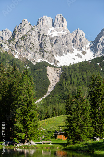 Beautiful landscape in the Alps with fresh green meadows and snow-capped mountain tops in the background on a sunny day