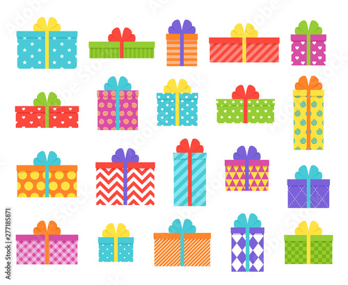 Gift box. Vector. Christmas, birthday icon. Wrapped presents with bows and ribbons isolated. Holiday symbols on white background in flat design. Cartoon illustration. Cute colorful set.
