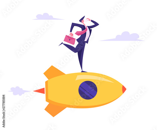 Creative Business Innovation Startup. Marketing Business Man Character with Briefcase in Hand Speaking Smartphone Flying on Rocket to Aim. New Successful Project. Cartoon Flat Vector Illustration