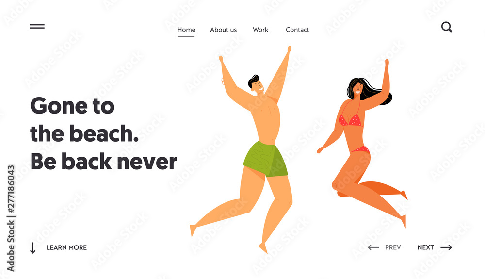 Happy People Characters Jumping with Hands Up, Beach Party. Man in Swimming Shorts and Woman in Bikini Fun on Summer Vacation, Website Landing Page, Web Page. Cartoon Flat Vector Illustration, Banner Happy People Characters Jumping with Hands Up, Beach Party. Man in Swimming Shorts and Woman in Bikini Fun on Summer Vacation, Website Landing Page, Web Page. Cartoon Flat Vector Illustration, Banner