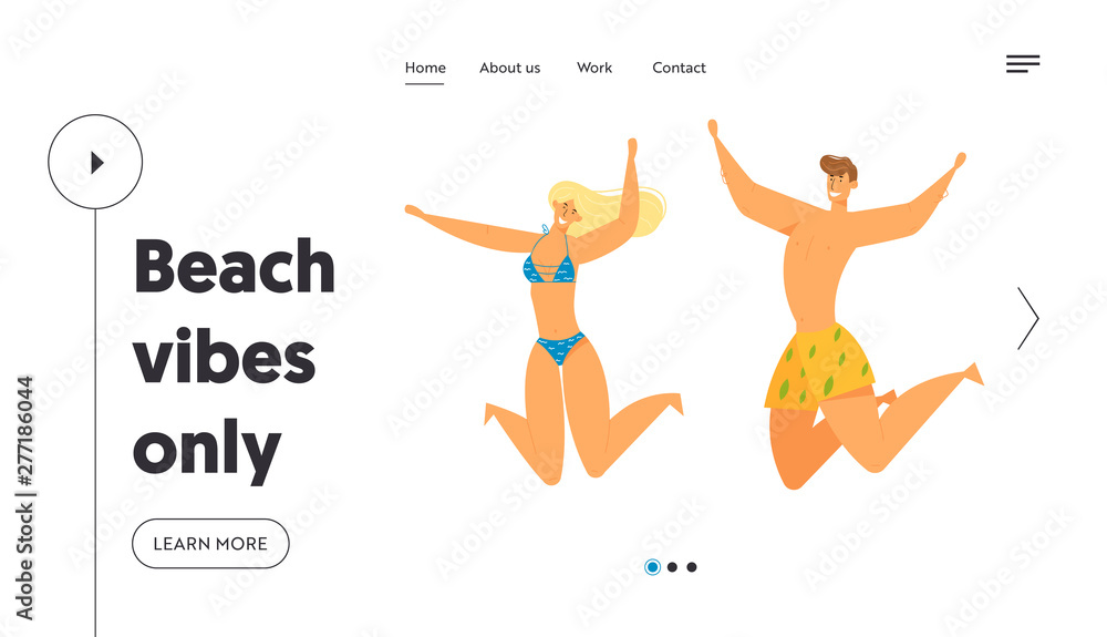 Naklejka premium Happy People in Swimming Suits Jumping with Hands Up, Celebrating Beach Party. Man and Woman Having Fun on Summer Vacation, Website Landing Page, Web Page. Cartoon Flat Vector Illustration, Banner