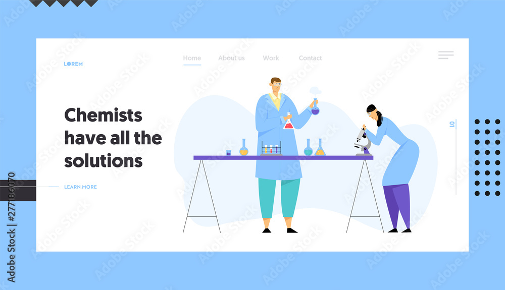 Chemistry Scientists Conducting Experiment in Science Laboratory, Man Holding Flasks Woman Technician Look in Microscope Website Landing Page, Web Page. Cartoon Flat Vector Illustration, Banner