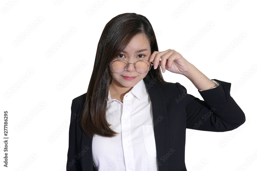 A woman with black suit holding her glasses in white background and smiling A woman with black suit holding her glasses in white background and smiling