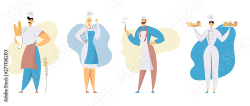 Sellers or Restaurant Workers Set. Butcher with Knife and Sausages, Bakers with Pastry and Bakery Production, Employees in Chief Toque and Uniform . Meat and Bake Shop Cartoon Flat Vector Illustration