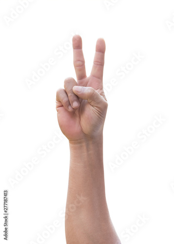 Victory hand of man with V shape sign two fingers gesture raised up isolated on white background with clipping path for vote, win, winner © Chinnapong