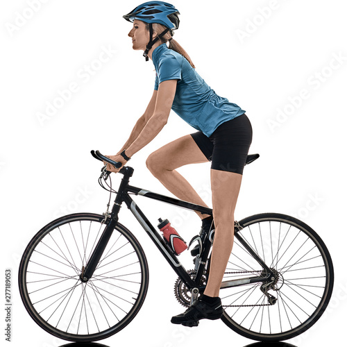 Fototapeta Naklejka Na Ścianę i Meble -  one caucasian cyclist woman cycling riding bicycle isolated on white background