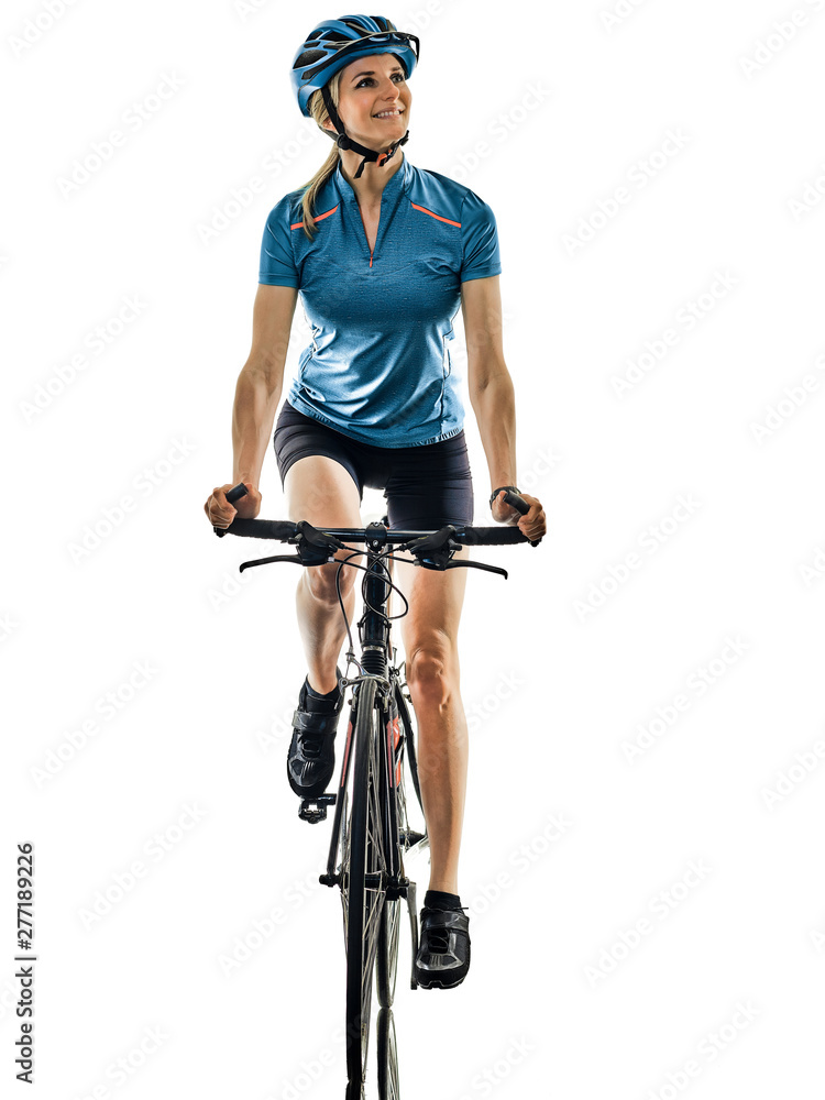 Fototapeta premium one caucasian cyclist woman cycling riding bicycle smiling happy isolated on white background