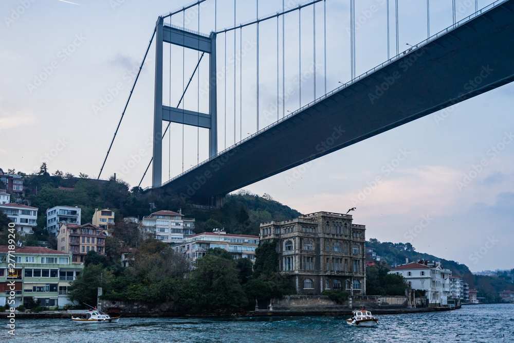 Fototapeta premium Fatih Sultan Mehmet bridge (Second Bosphorus Bridge) and the Zeki Pasha Mansion, Istanbul, Turkey