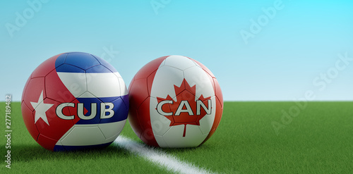 Canada vs. Cuba Soccer Match - Soccer balls in Cuba and Canada national colors on a soccer field. Copy space on the right side - 3D Rendering 