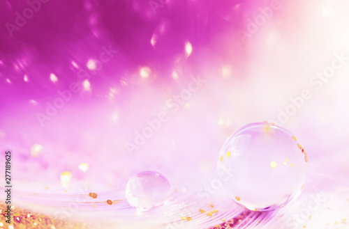 Water drop, transparent bubble and golden glitter on feather background. Beautiful artistic image toned in pink color with sparkle bokeh, macro.