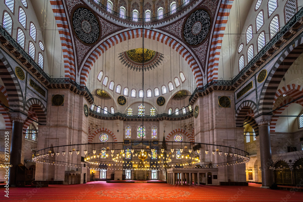 The beautiful interior of Suleymaniye Mosque, the second largest mosque in Istanbul, built in 1550, Istanbul, Turkey
