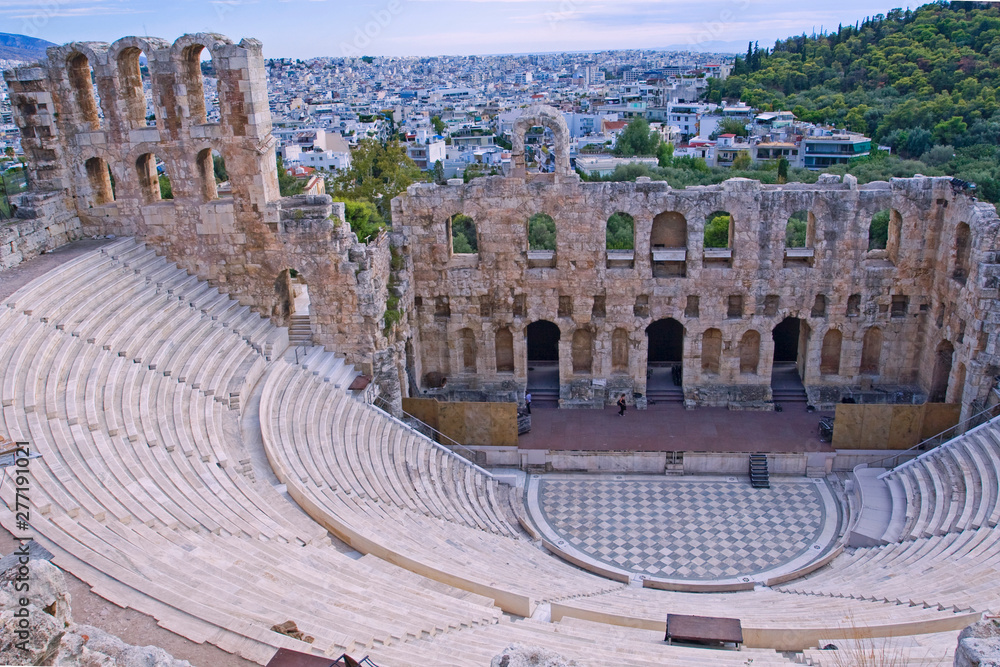  view of the ancient amphitheater of the Odeon of Herod Atticus in the Acropolis in Greece