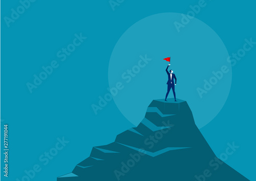 Businessman holding red flag and standing on the top of the moutain . illustrator