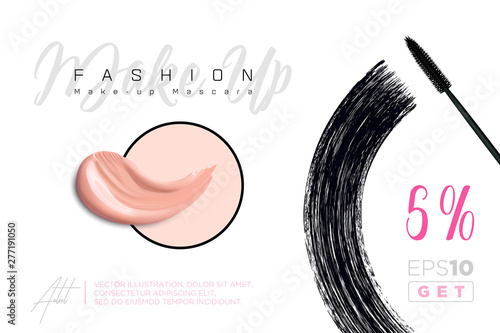 Fashion make-up banner. Beauty and cosmetics background. Realistic foundation and mascara smear. Use for advertising flyer, banner, leaflet. Template Vector