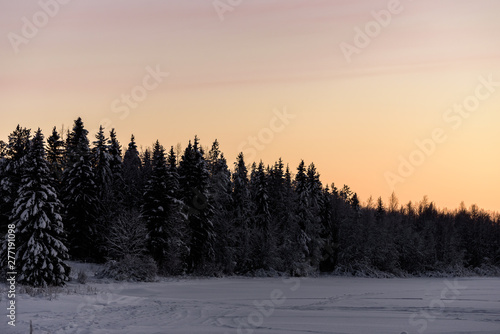 The ice lake and forest has covered with heavy snow and sunset sky in winter season at Holiday Village Kuukiuru, Finland.