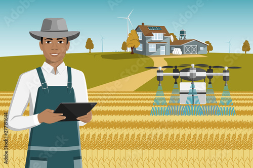 Black african american farmer with tablet control drone-sprayer. Digital transformation in agriculture and smart farming.