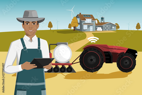 Black african american farmer with a tablet computer controls a autonomous tractor on a smart farm. Vector illustration EPS 10