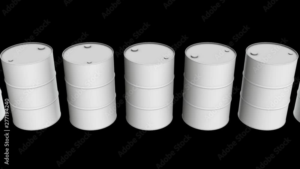 White blank metal barrel oil row. 3d render Video available in 4k FullHD and HD render footage White blank metal barrel oil row. 3d render Video available in 4k FullHD and HD render footage