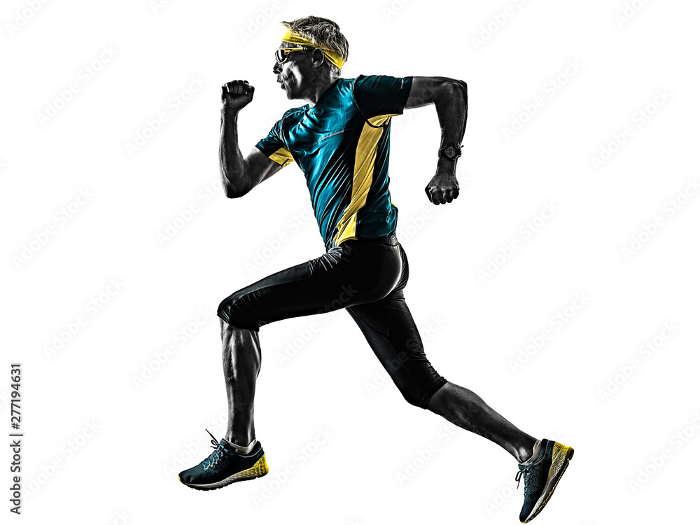one caucasian senior man running runner jogger jogging in studio shadow silhouette isolated on white background one caucasian senior man running runner jogger jogging in studio shadow silhouette isolated on white background