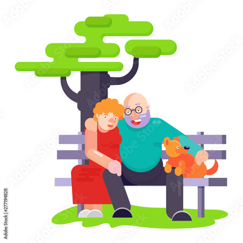 Old people pensioners play with best friend pet character dog or puppy illustration. Family playing with doggie animal on white background. Dog-breeding people together in park outdoor, happy time