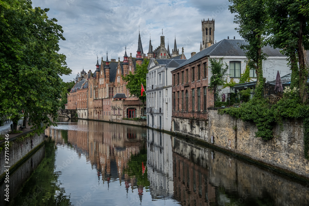 Canals of Bruges (Brugge), Belgium. Summer evening view.