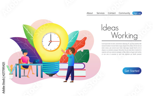 People working against time to finish. Coworking, freelance, teamwork, communication, interaction, idea, independent activity concept. Website template.