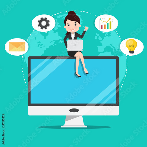 Business woman sitting on computer.Productivity concept.Vector illustration.