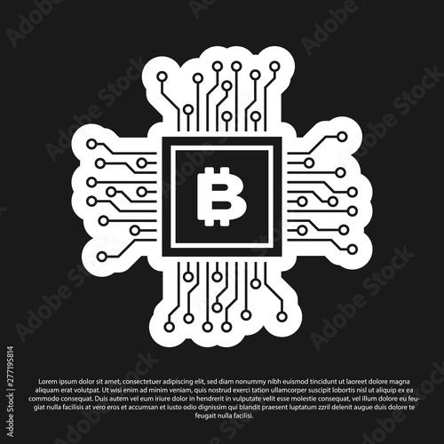 Black CPU mining farm icon isolated on black background. Bitcoin sign inside processor. Cryptocurrency mining community. Digital money. Vector Illustration